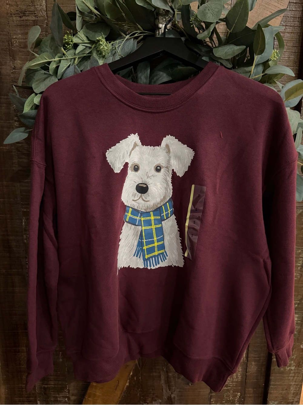 Zoe + Liv Maroon Sweatshirt with White Dog Graphic and Blue-Yellow Scarf